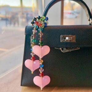 Bag Charm Faceted Glass Beads With Pink Glass Hearts